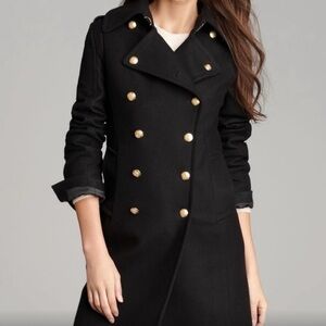 SAM. Black Double-Breasted leather accents Trench Coat with Gold Buttons